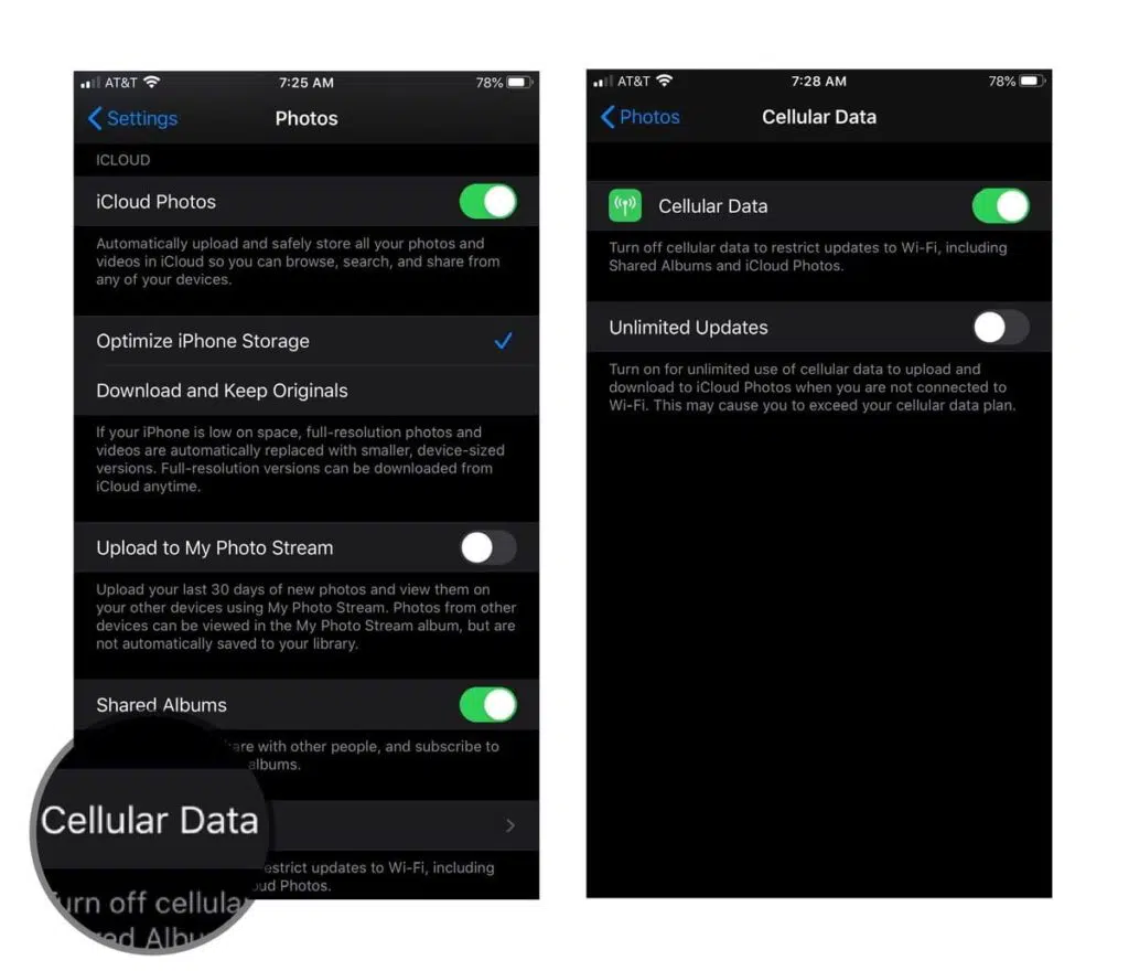 adjust cellular settings for iCloud Photos on your iPhone or iPad