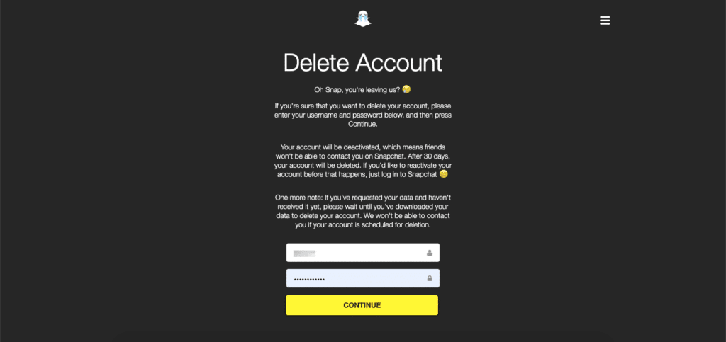 permanently delete snapchat/deactivate snapchat account