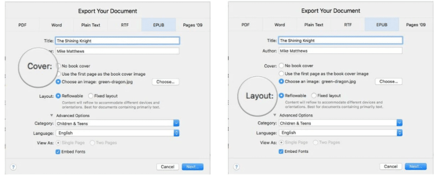 Export to EPUB to publish your ebooks