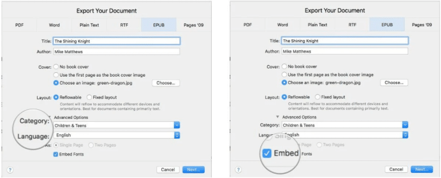 Export to EPUB to publish your ebooks