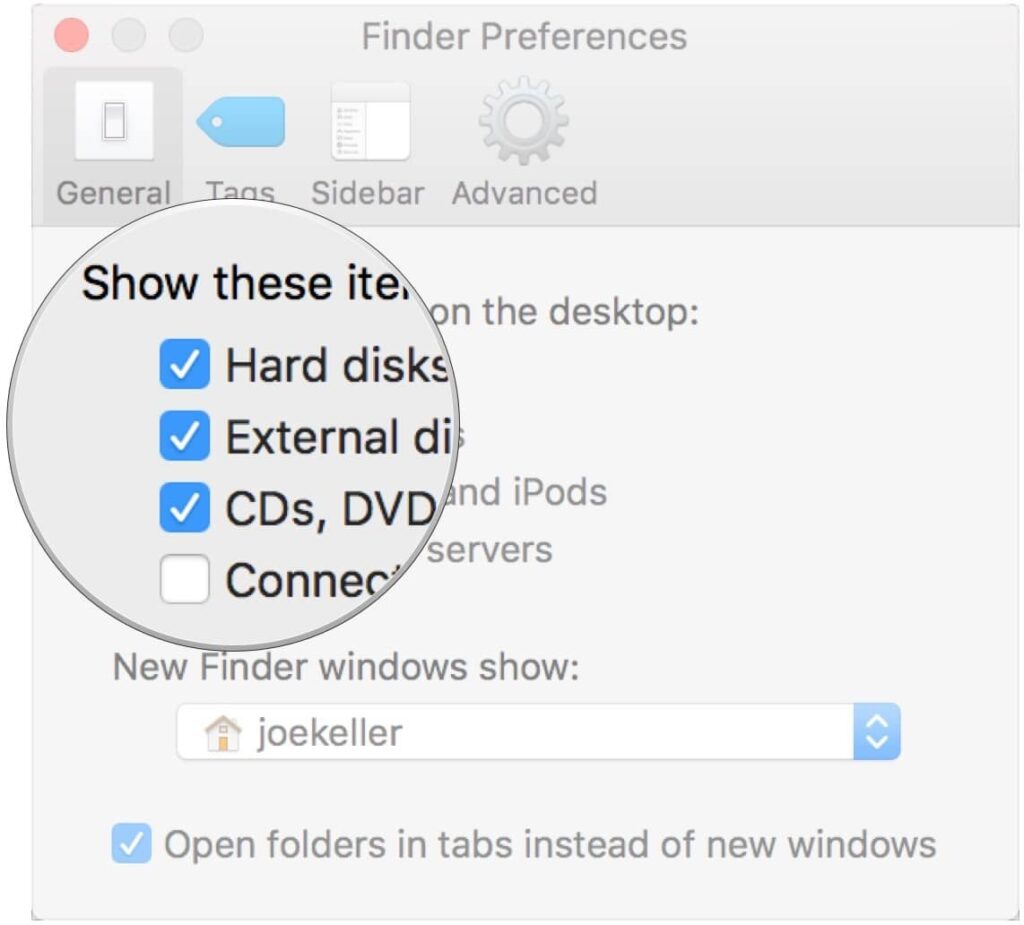 show or hide hard disks, external disks, CDs, and connected servers on your desktop