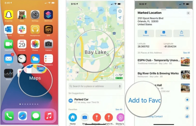 view favorite places in Maps on iPhone