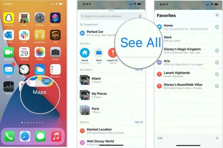 how use pinned locations maps/view favorite places in Maps on iPhone