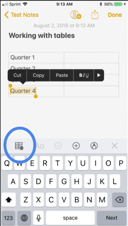 Using tables in iPhone notes