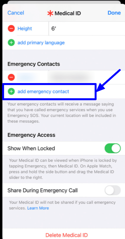 add emergency contacts iPhone