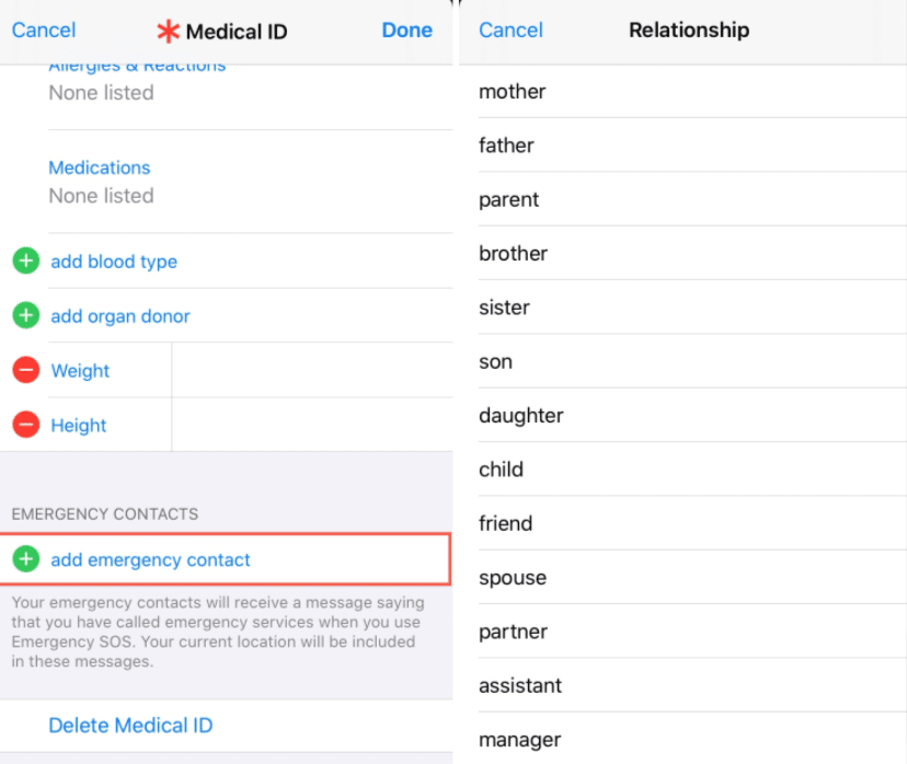 How to edit, Add or Remove Emergency Contacts in Medical ID?