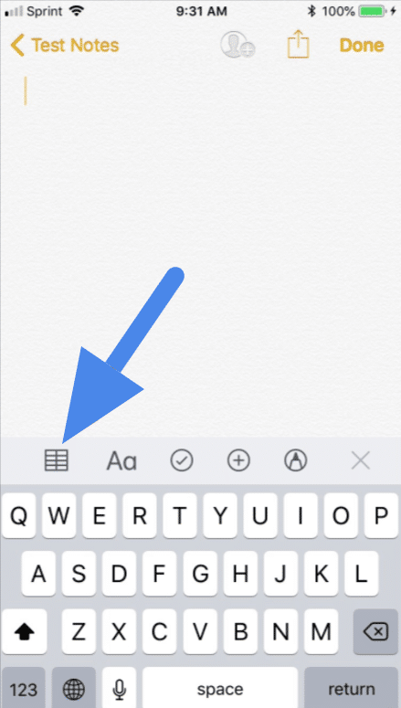 Using tables in iPhone notes