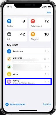 Add tasks to a Family list- Reminders app with Family Sharing