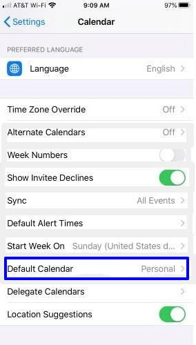Set a default calendar- Calendar settings on iPhone