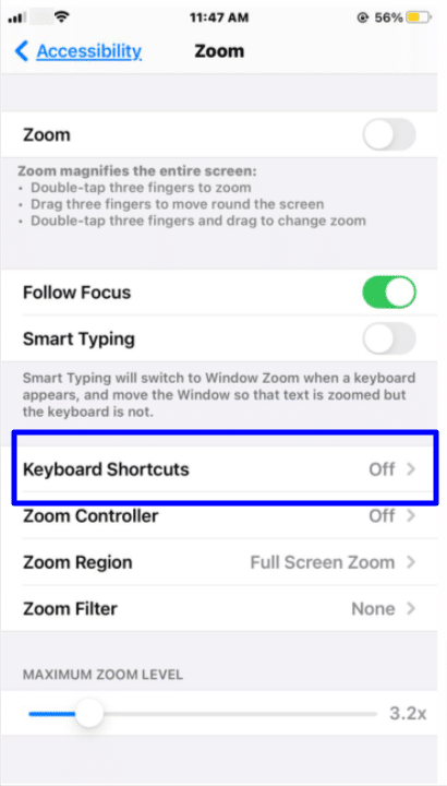 zoom accessibility iPhone keyboard shortcuts 