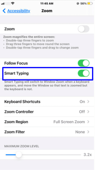 zoom accessibility iPhone - smart typing 