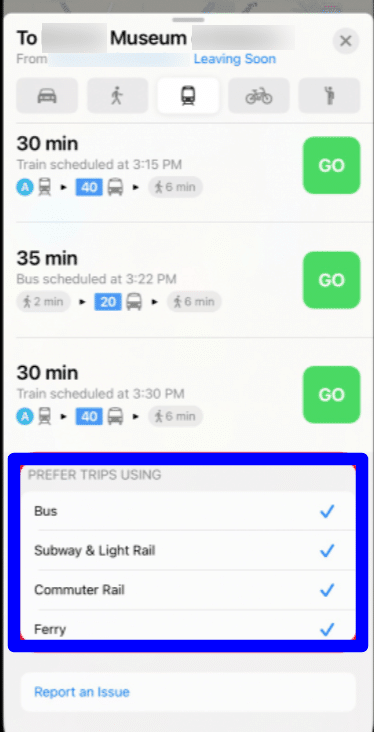 Filter transit directions by type in iPhone Maps directions