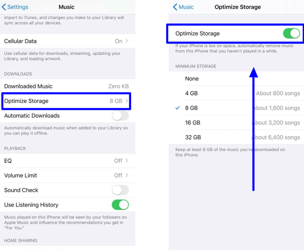 optimize storage in music app iPhone