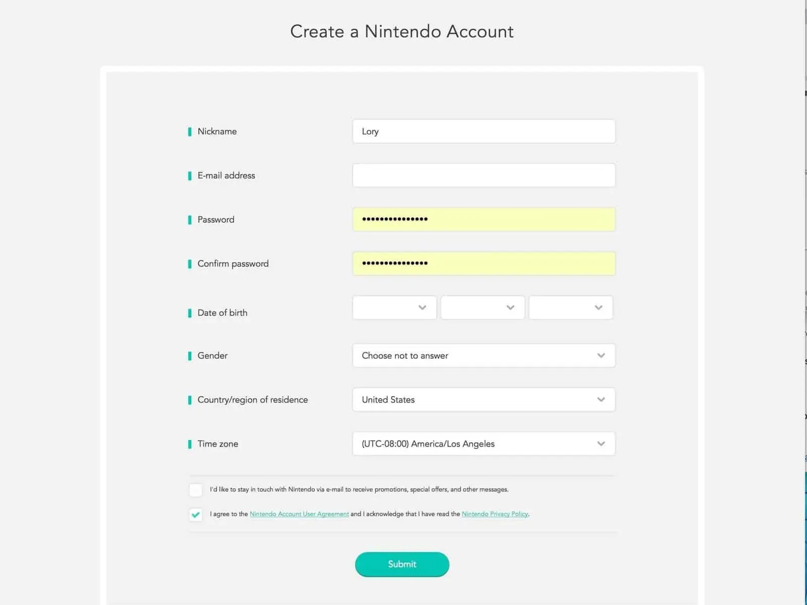 create a new Nintendo Account
