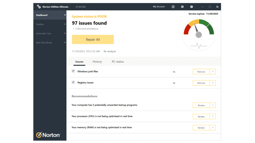 Dashboard of Norton