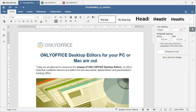 Interface and in use: OnlyOffice