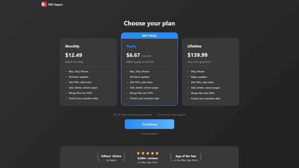 Plans and pricing of Readdle PDF Expert