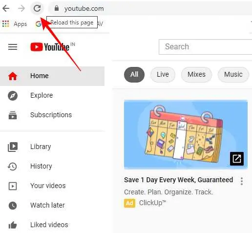 Freeze YouTube video: Reload the YouTube or browser page