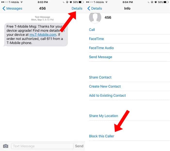 What happens if an SMS message is Blocked on iPhone?