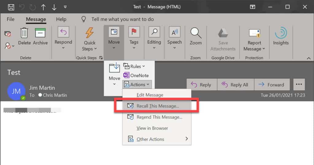 Recall an email in outlook