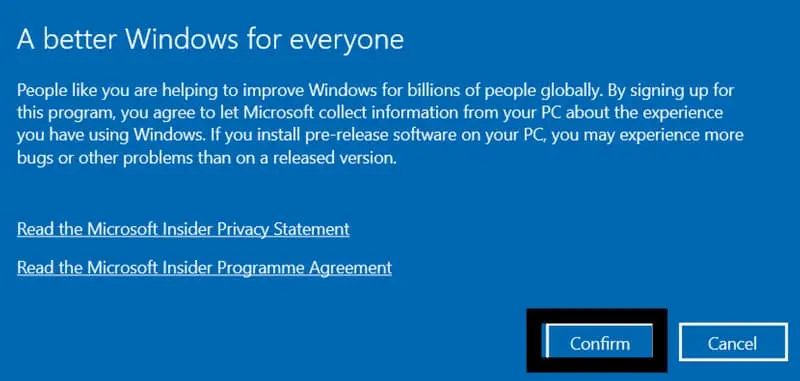 Windows Insider Program: Confirm