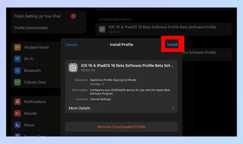 Here, on iPadOS 16 public betas Install Profile menu, select Install.