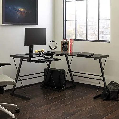 Walker Edison Modern L-Shaped Tempered Glass Computer Desk